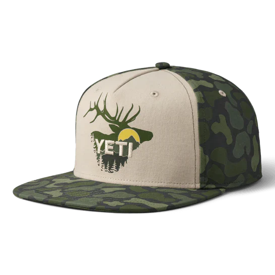 Yeti Sunrise Elk Flat Brim Hat - Tan/Green Camo